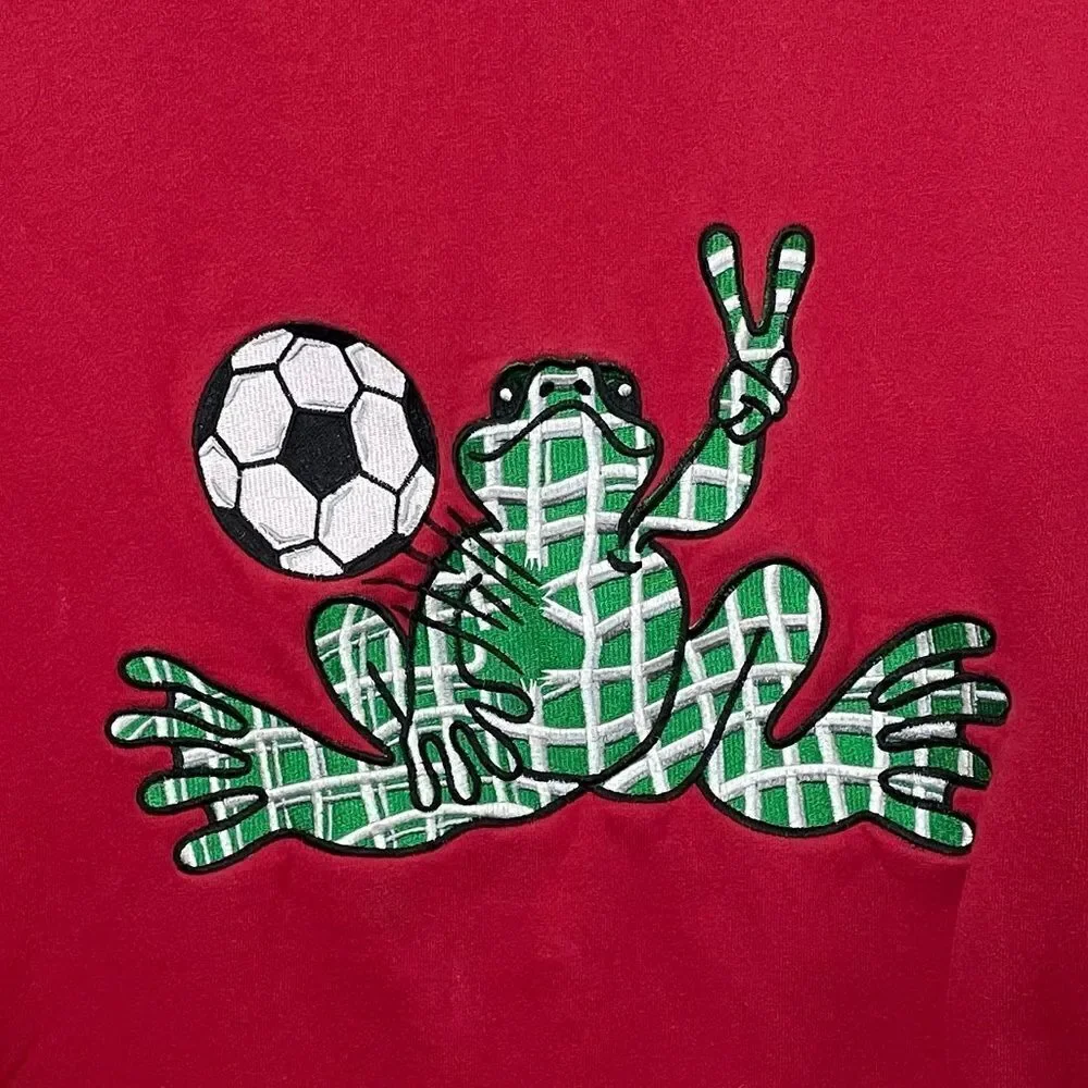 Vintage Peace Frogs Red Crew Neck Embroidered Soccer Sweatshirt Unisex Size XL